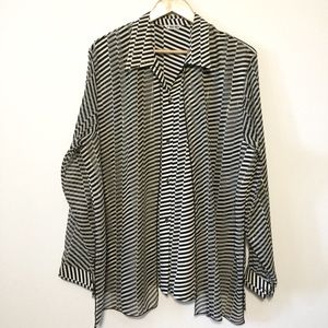 WON MOA sz 2X Blouse Long Sleeve Sash Side Stripes Buttons Black Gold Cream